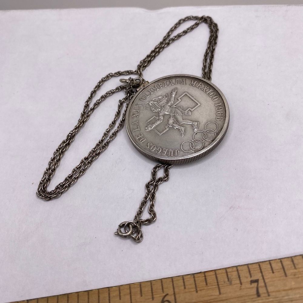 1968 Vintage Sterling Necklace Mexican Olympics 25 Peso Coin in Wrap 24” Chain - Picture 5 of 14